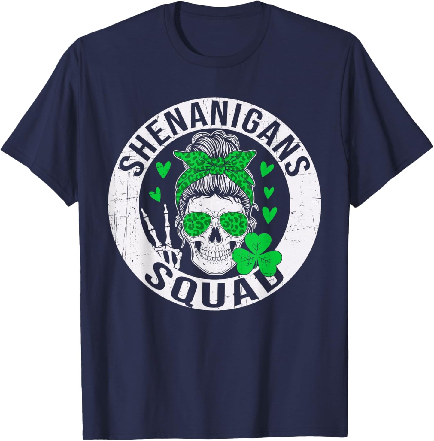 Shenanigans Squad St Patricks Day Messy Bun Shamrock Women T-Shirt - T-Shirt | Navy
