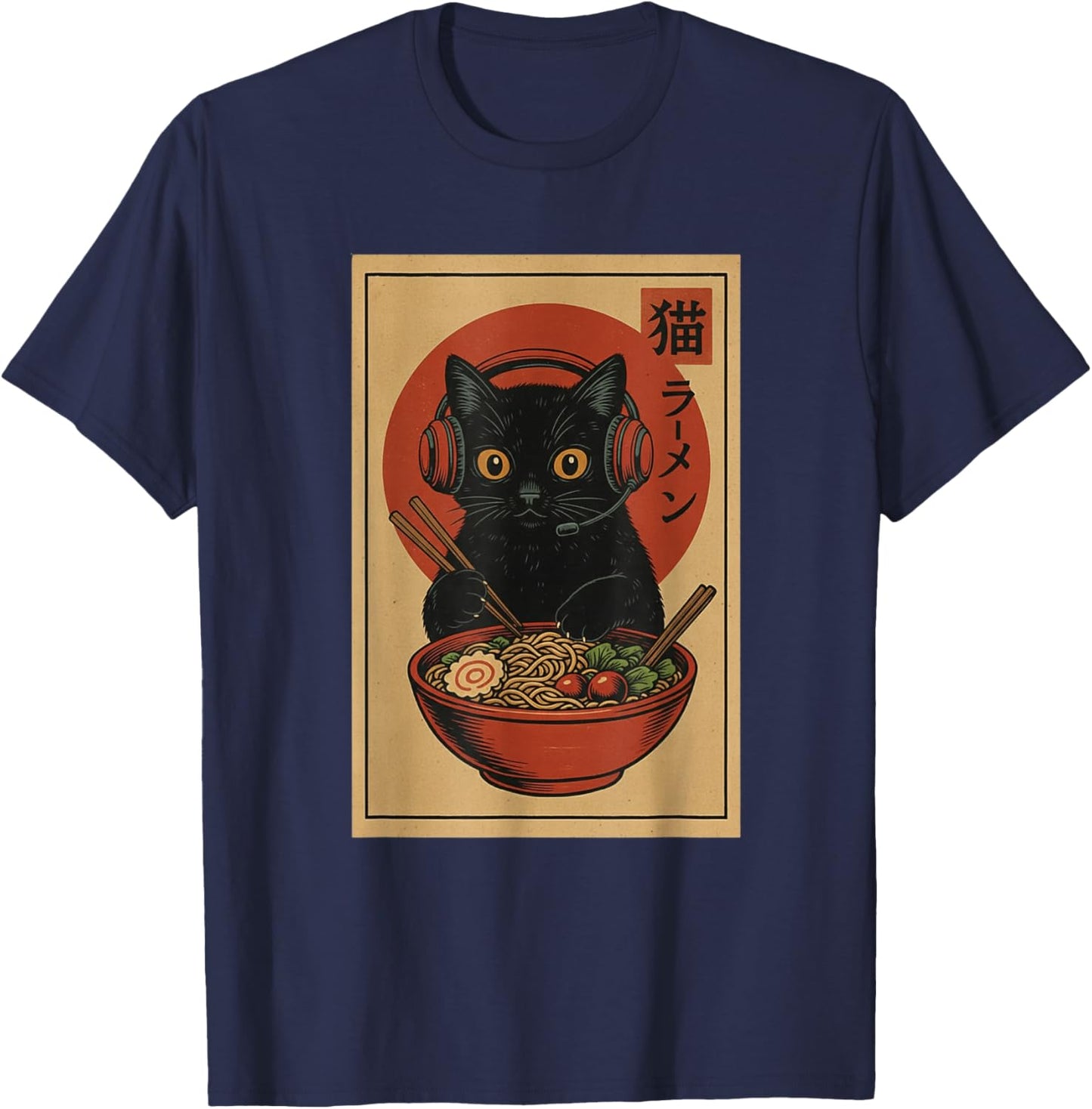 Cute Kawaii Gamer Cat Funny Ramen Retro Japanese Cat Gaming T-Shirt - T-Shirt | Navy