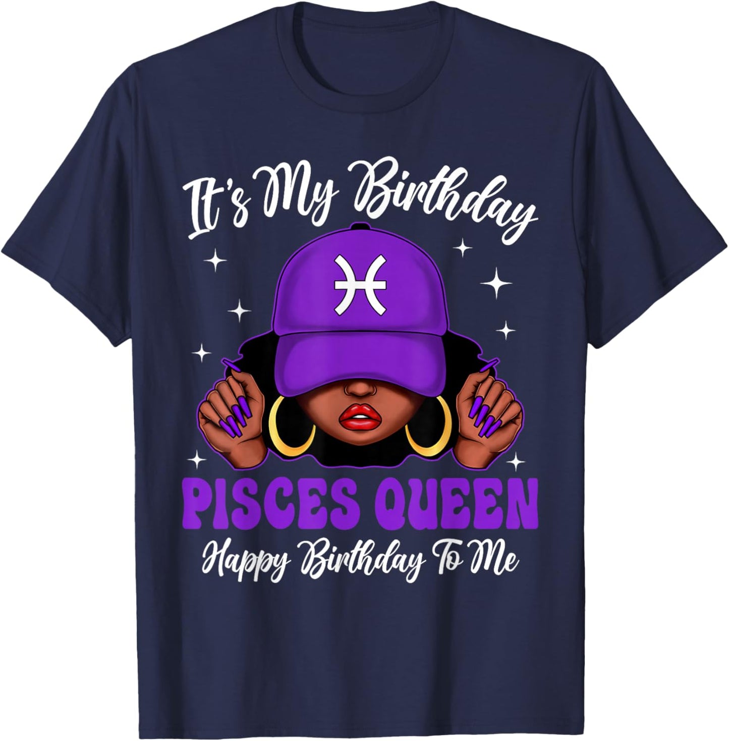 Pisces Queen Black Woman Purple Cap Zodiac Sign T-Shirt - T-Shirt | Navy