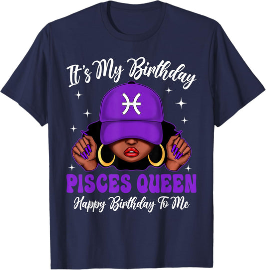 Pisces Queen Black Woman Purple Cap Zodiac Sign T-Shirt - T-Shirt | Navy