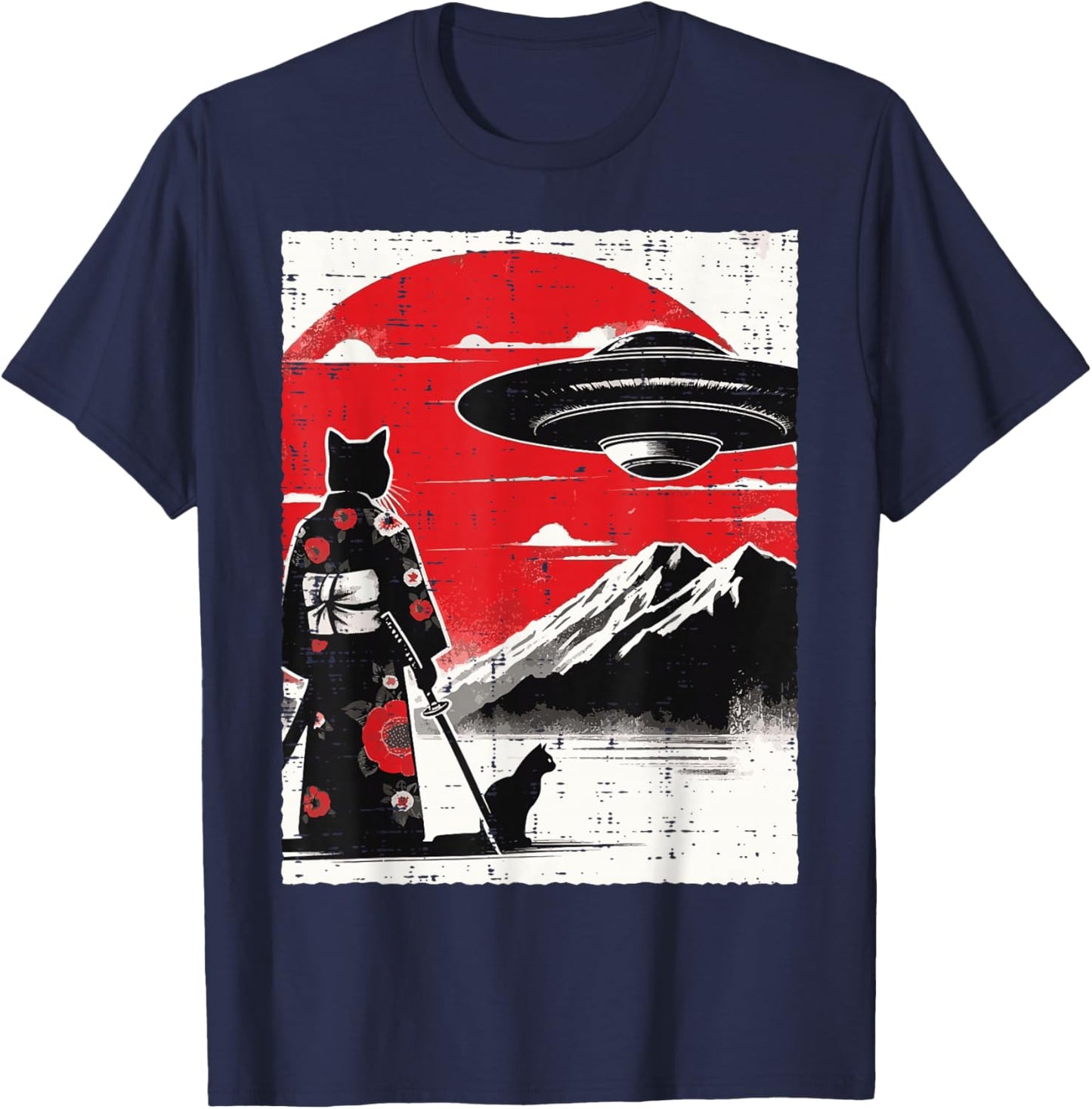 Japanese Cat Kimono UFO Red Sun Samurai Art Men Women Kids T-Shirt - T-Shirt | Navy