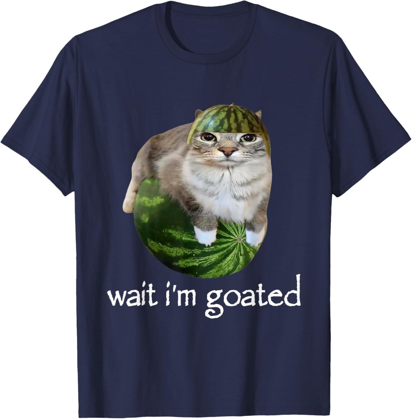 Wait I'm Goated Watermelon Cat Brainrot Silly Staring Cat T-Shirt - T-Shirt | Navy