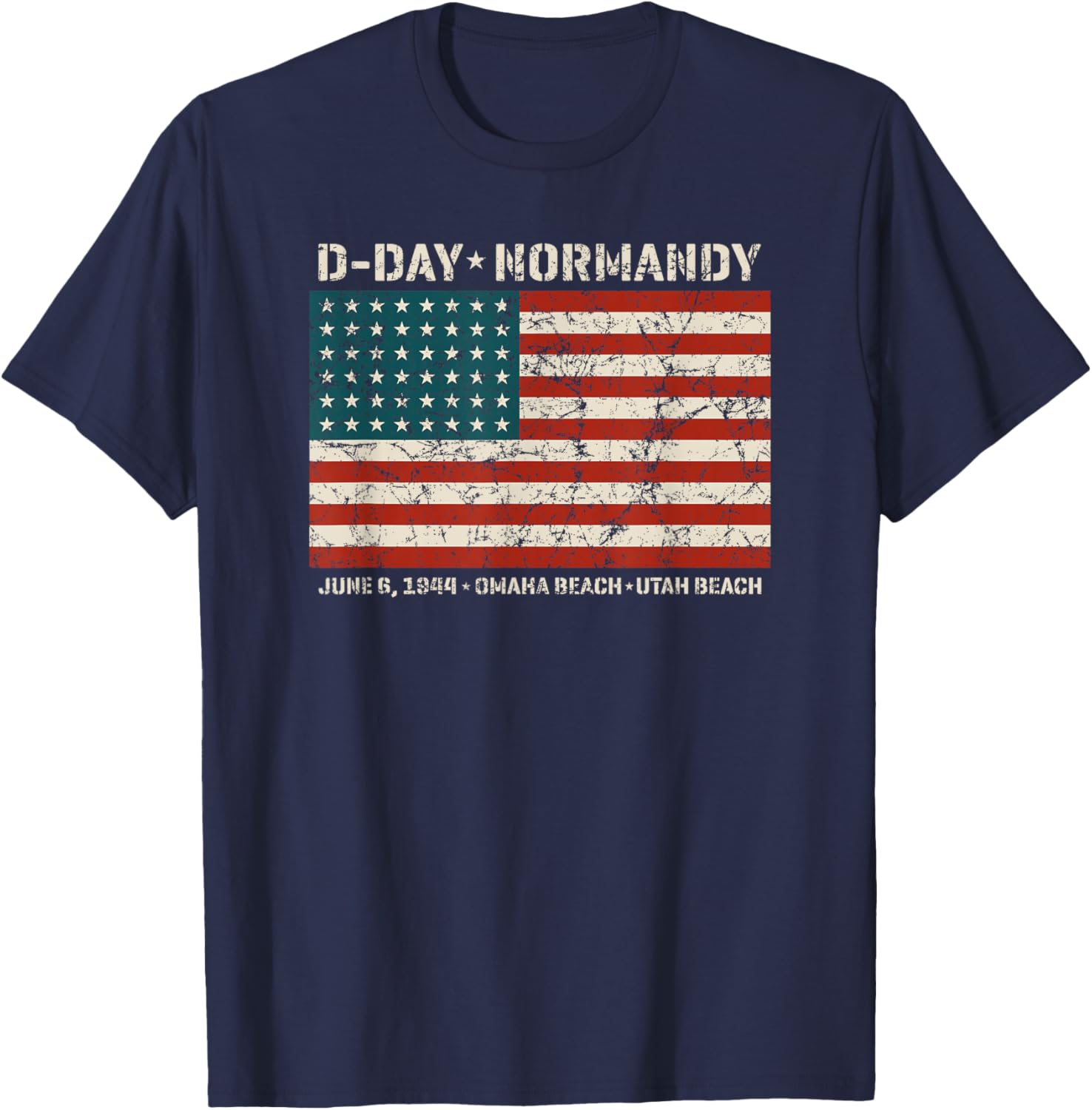D-Day Normandy Omaha Utah Beaches 48 Star American Flag Aged T-Shirt - T-Shirt | Navy