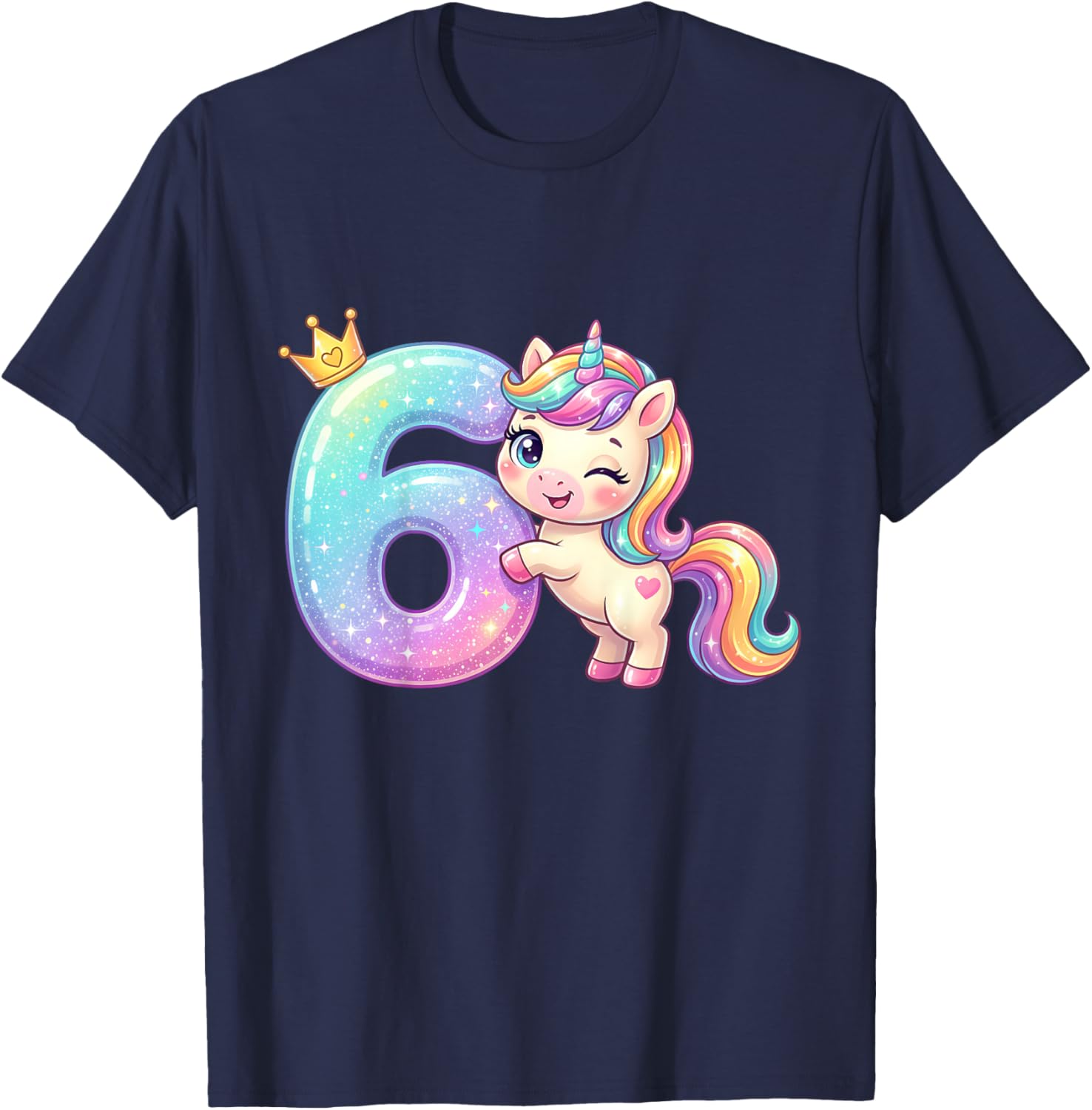 6th Birthday Girl Kawaii Rainbow Unicorn Crown T-Shirt - T-Shirt | Navy