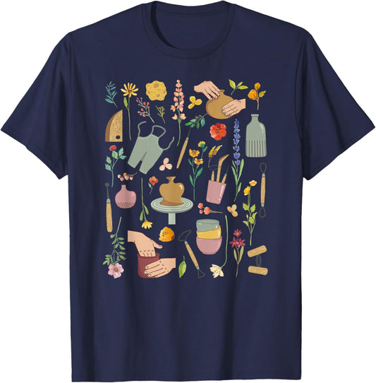 Pottery Flowers Ceramic Pottery Maker Ceramics T-Shirt - T-Shirt | Navy