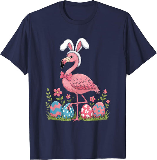 Cute Pink Flamingo Easter Bunny Ears Spring Eggs T-Shirt - T-Shirt | Navy