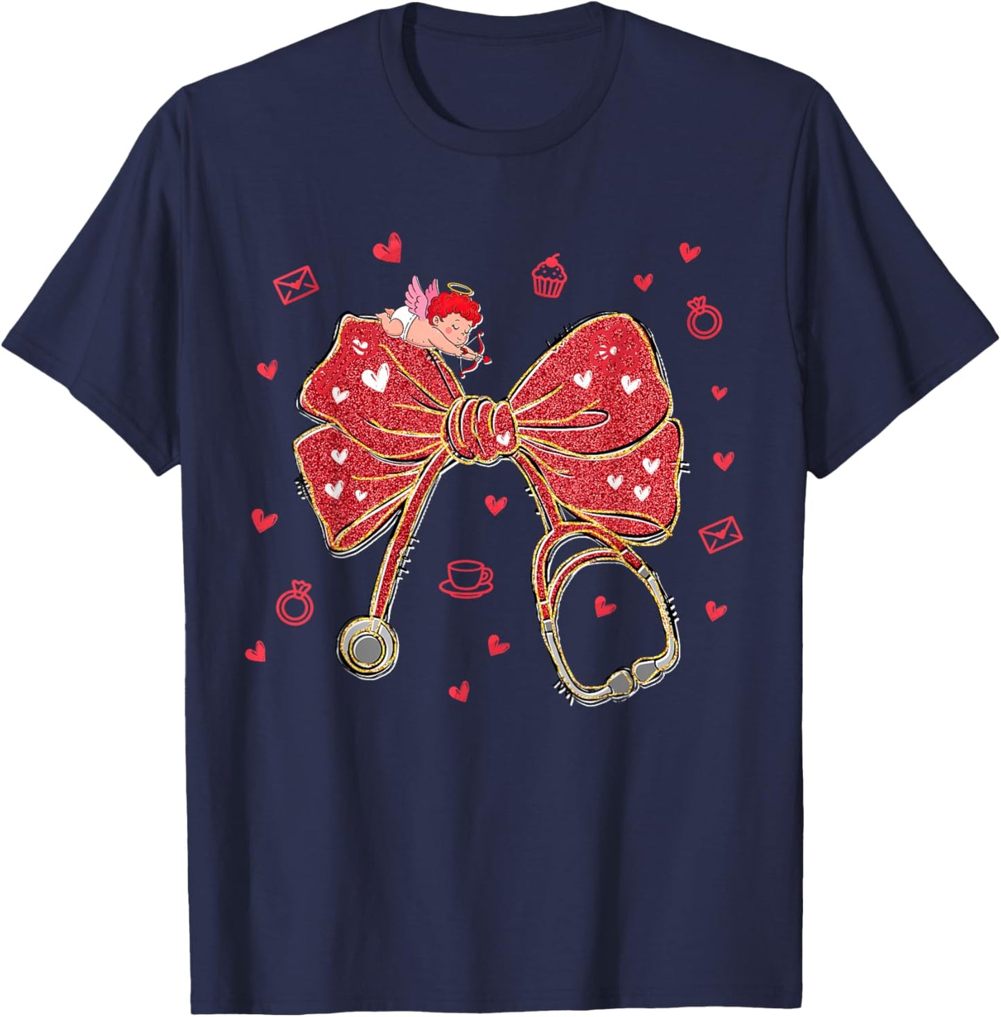 Valentines Nurse Coquette Bow Stethoscope Cupid Nursing Life T-Shirt - T-Shirt | Navy