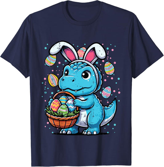 Kids Easter Dino Bunny Ears Eggs Basket Egg Hunt Trex Boys Kids T-Shirt - T-Shirt | Navy
