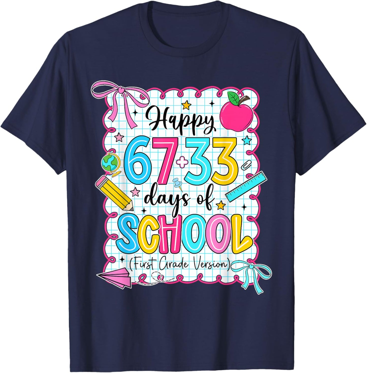Happy 67+33 Days of School Coquette 100 Days 1st Grade T-Shirt - T-Shirt | Navy