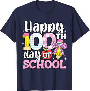 Happy 100 Days of School Teacher 100th Day Bow Girls Kids T-Shirt - T-Shirt | Navy
