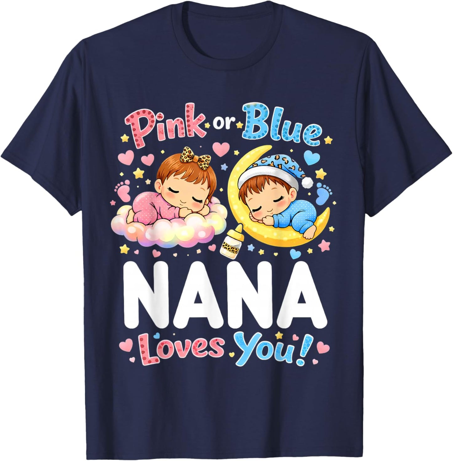 Pink Or Blue Nana Loves You Baby Gender Reveal Leopard T-Shirt - T-Shirt | Navy