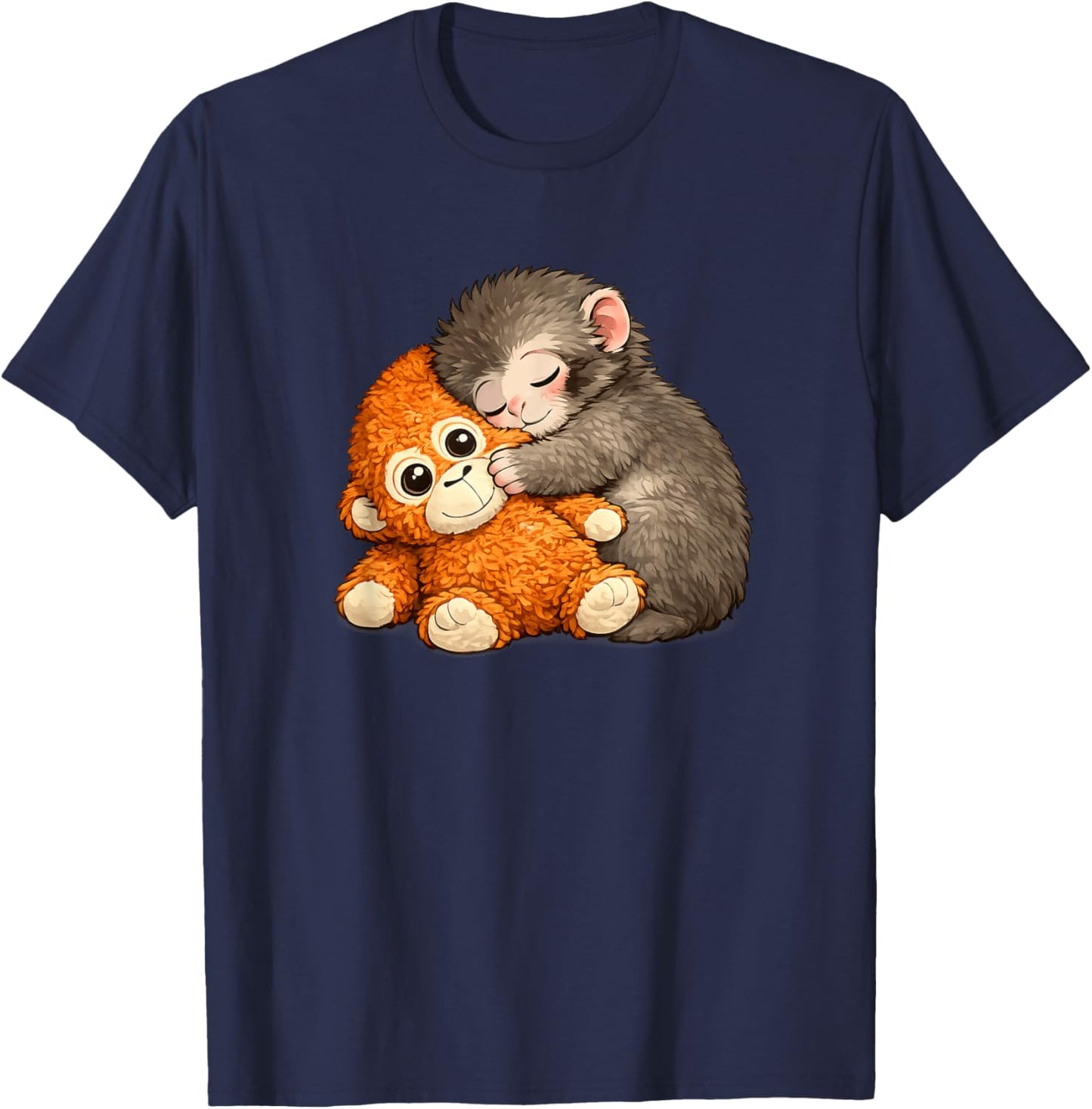Punch Monkey with Teddy Bear Cuddling Meme Viral Internet T-Shirt - T-Shirt | Navy