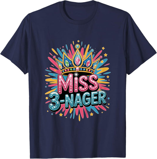 Threenager Miss 3-Nager Third Birthday Splash Design T-Shirt - T-Shirt | Navy