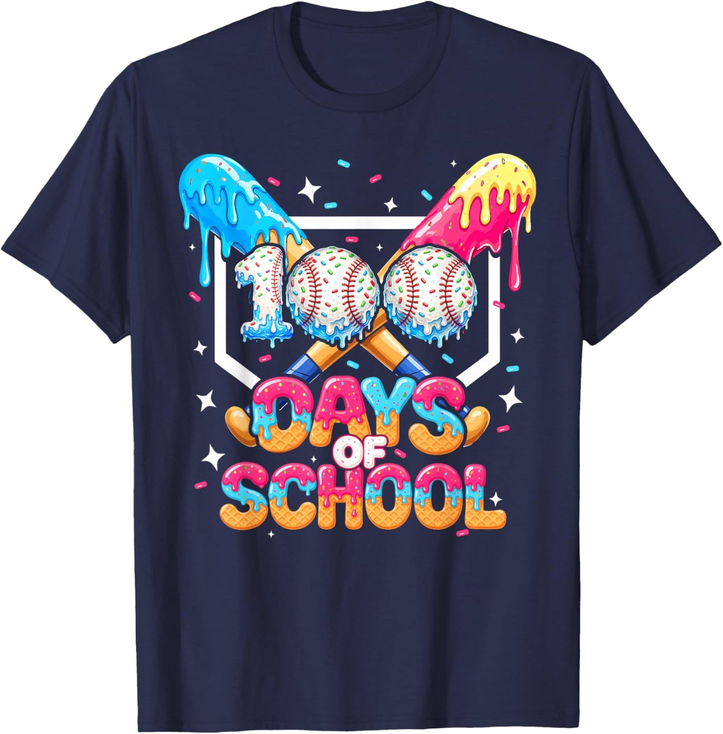 100 Days of School Ice Cream Baseball Player for Kids Boys T-Shirt - T-Shirt | Navy