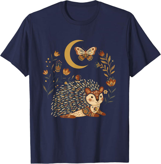 Boho Celestial Porcupine Moon Floral T-Shirt - T-Shirt | Navy