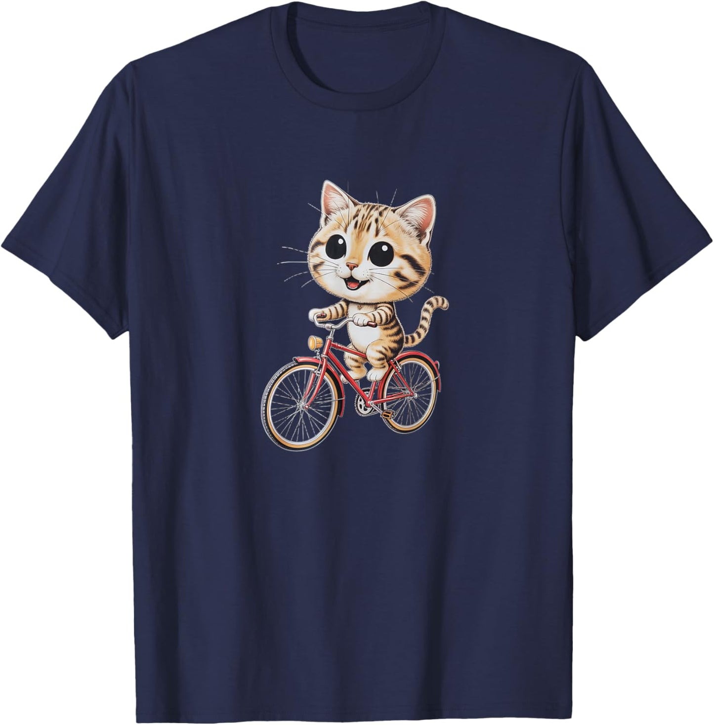Cute Cat Riding Bicycle Kawaii Cartoon Artwork T-Shirt - T-Shirt | Navy