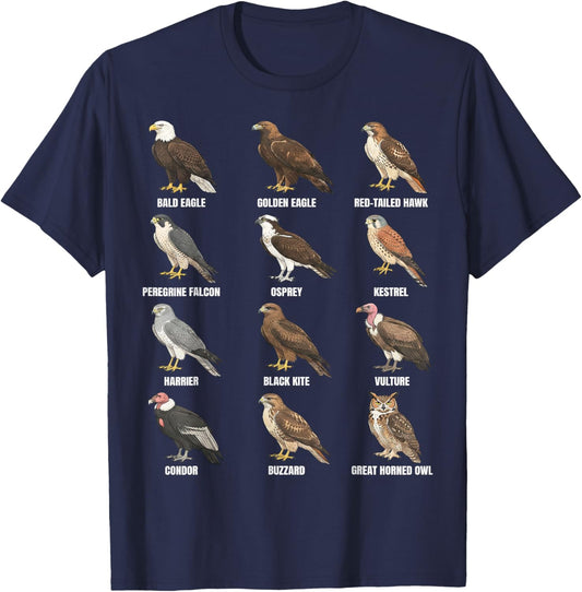 Birds of Prey Raptors Species Chart T-Shirt - T-Shirt | Navy
