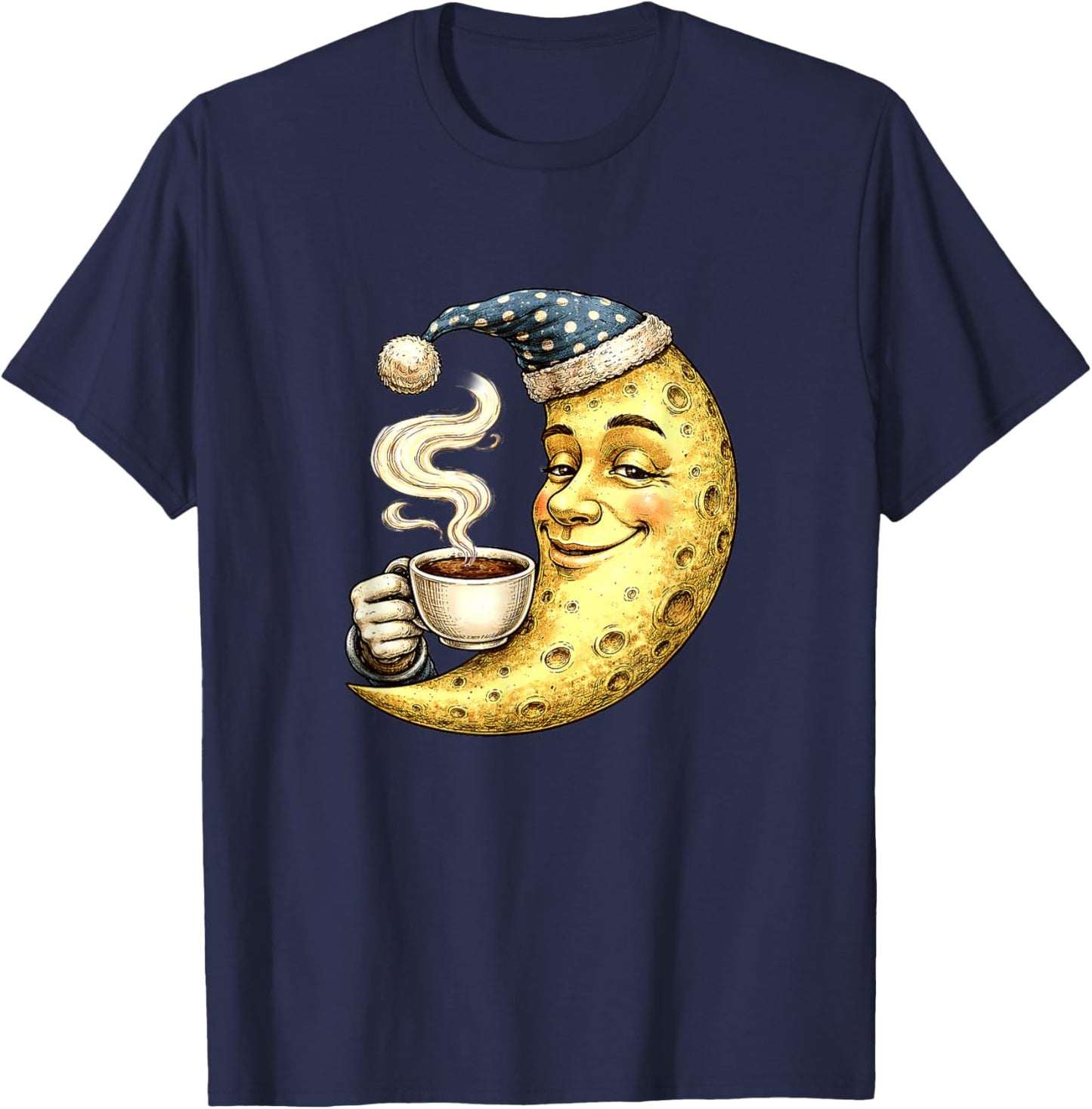 Sleepy Crescent Moon with Coffee T-Shirt - T-Shirt | Navy