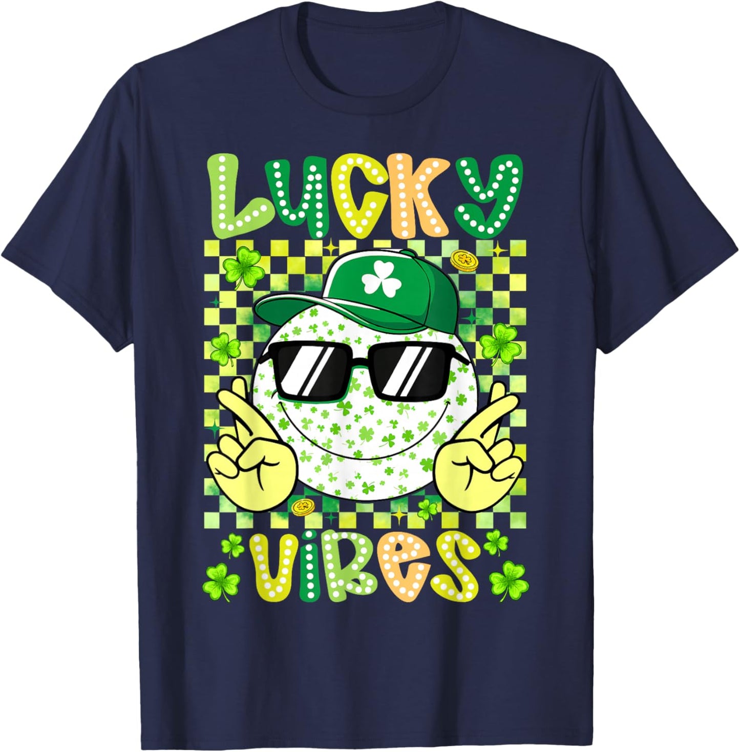 St Patricks Day Lucky Vibes Shamrock Boys Girls Kids Irish T-Shirt - T-Shirt | Navy
