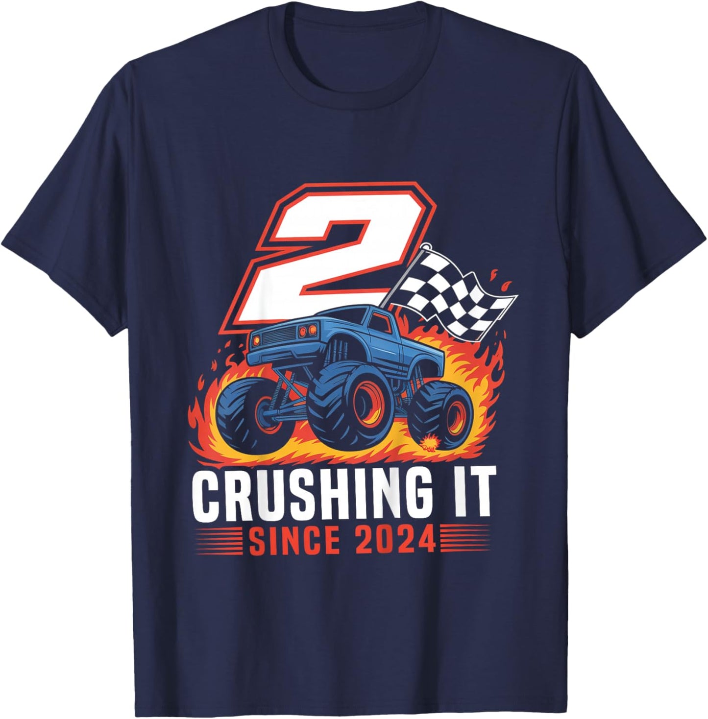 Birthday Monster Truck 2 Year Old Boys 2nd Party Born 2024 T-Shirt - T-Shirt | Navy