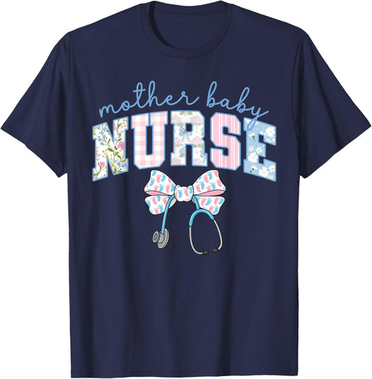Mother Baby Nurse Team Coquette Blue Stethoscope Bow Doctor T-Shirt - T-Shirt | Navy