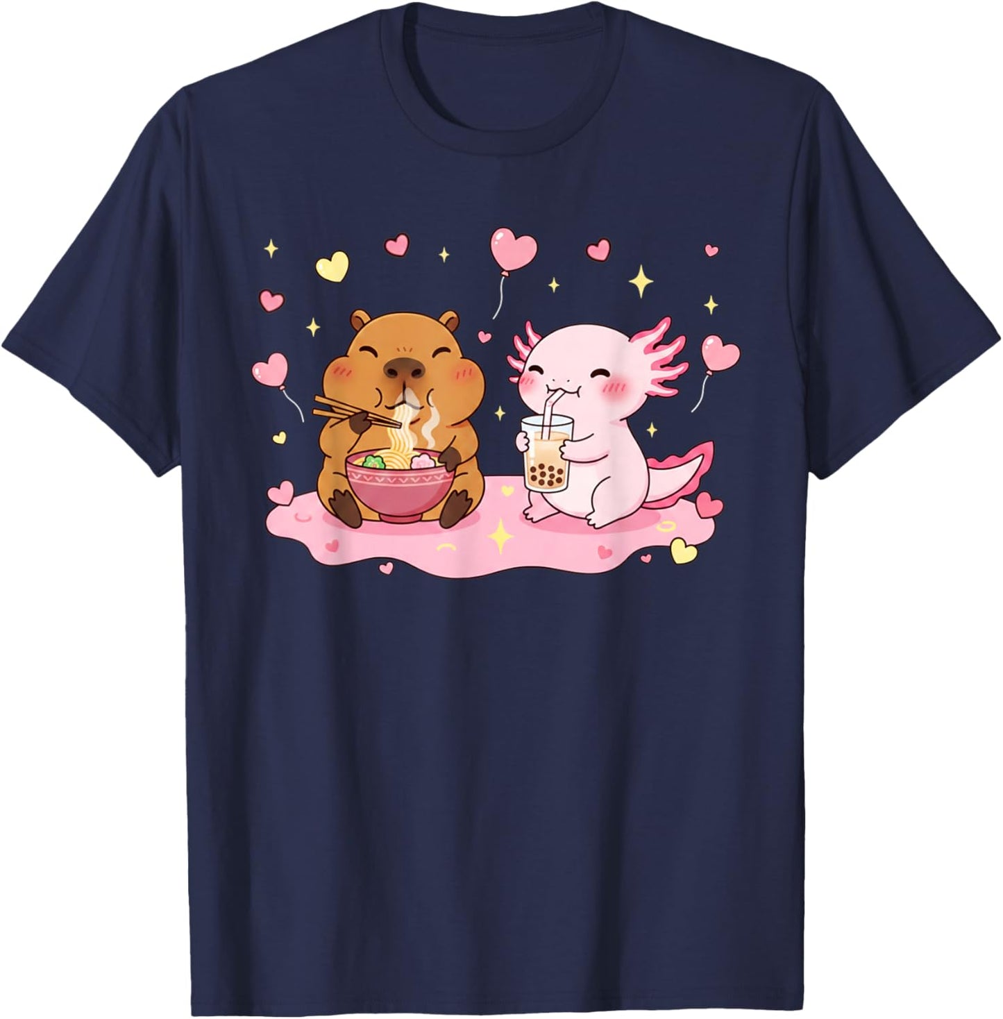 Cute Capybara Ramen and Axolotl Boba Kawaii Kids Valentines T-Shirt - T-Shirt | Navy