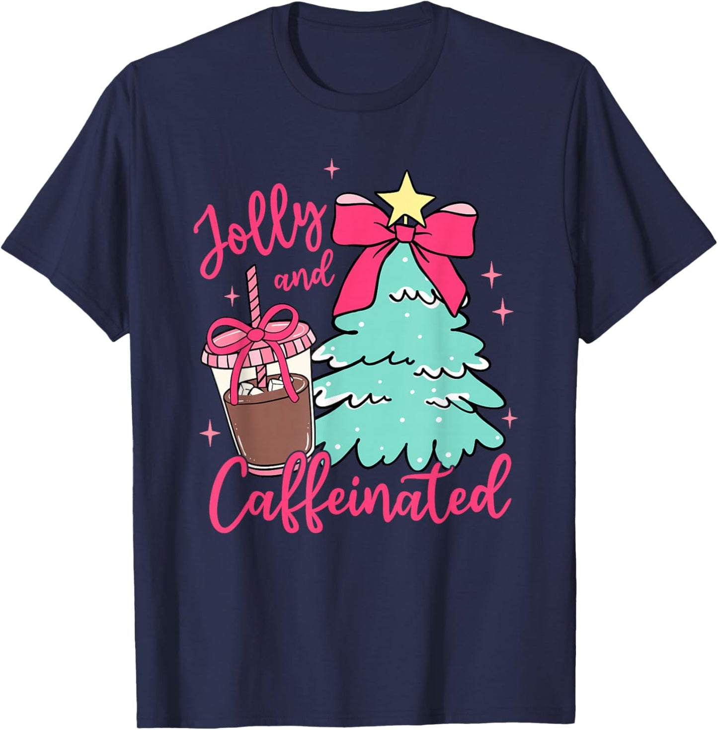 Jolly and Caffeinated Coquette Christmas Tree Coffee Lover T-Shirt - T-Shirt | Navy