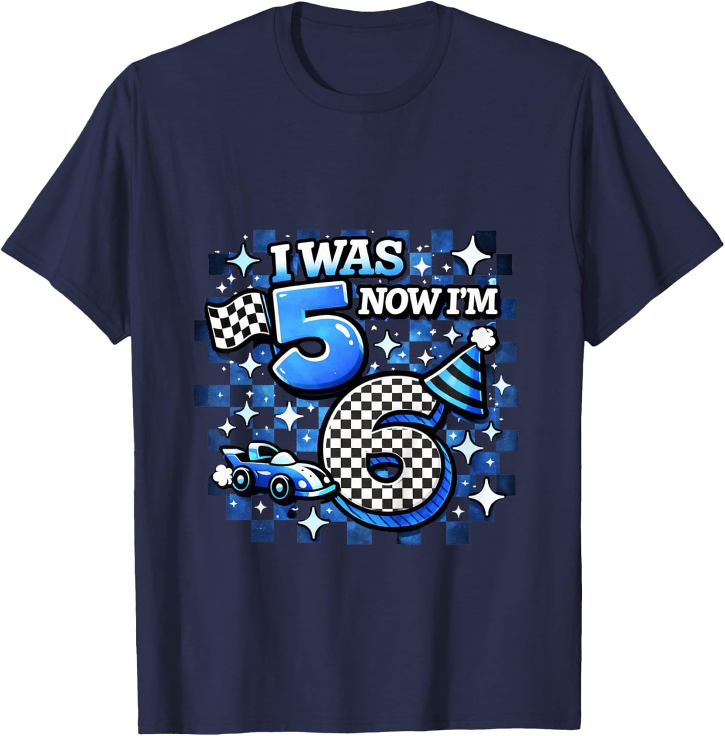 Blue Checkered I was 5 Now I'm 6 Funny Birthday Boy T-Shirt - T-Shirt | Navy