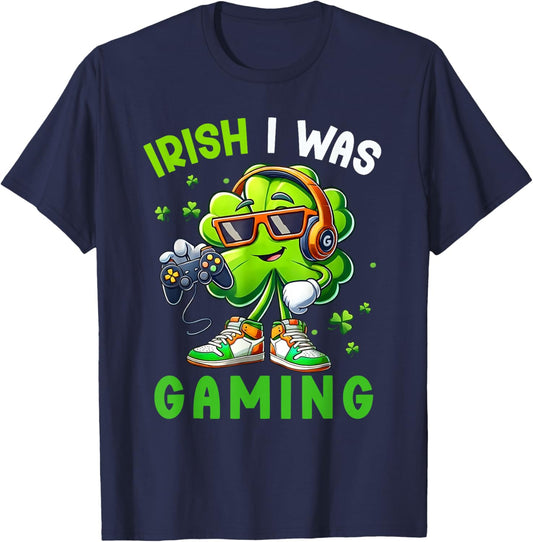 Irish I was Gaming Funny St Patricks Day Gamer Boys Men Kids T-Shirt - T-Shirt | Navy