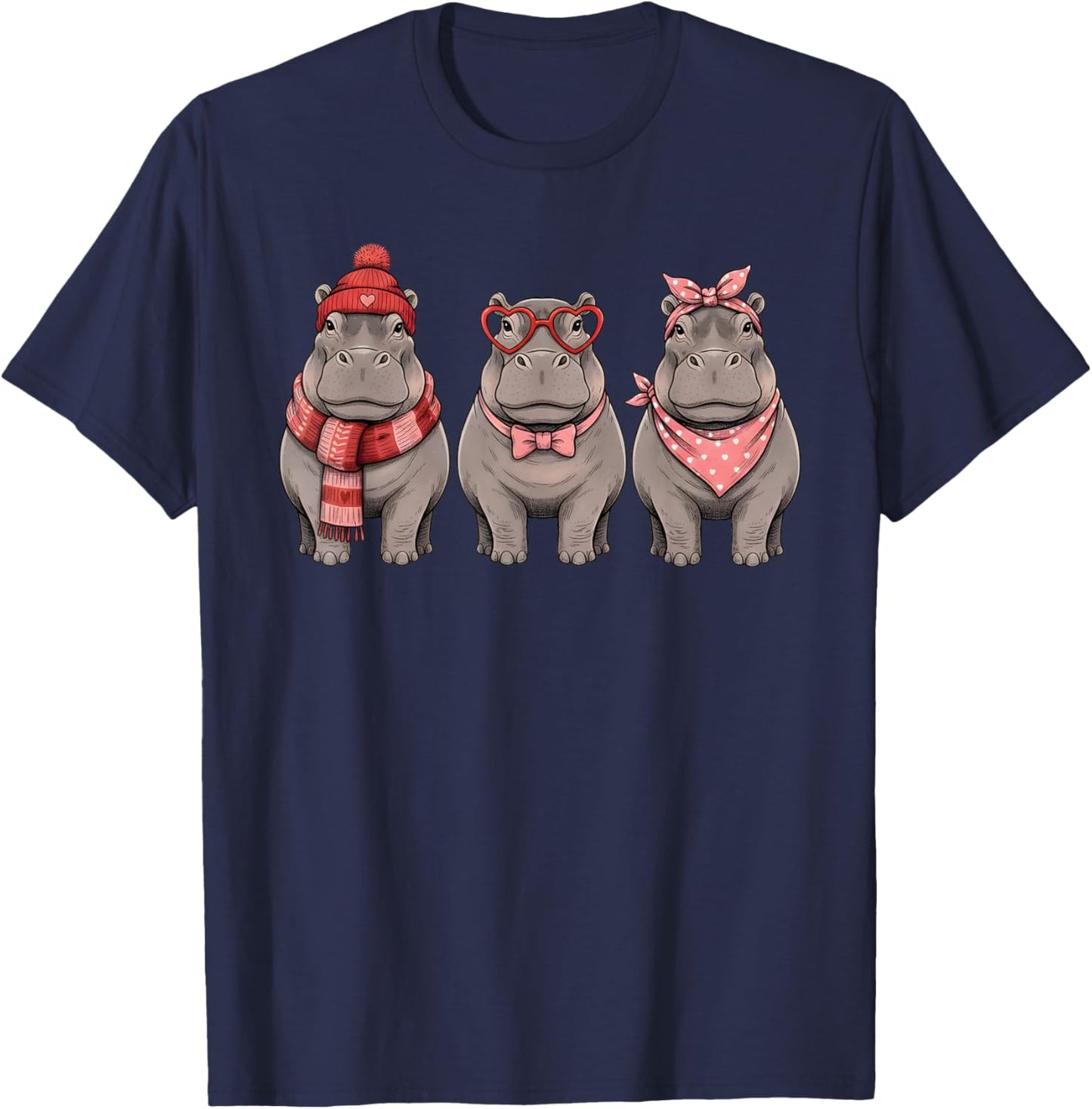 Retro Hippo Cute Valentine Safari Animal T-Shirt - T-Shirt | Navy