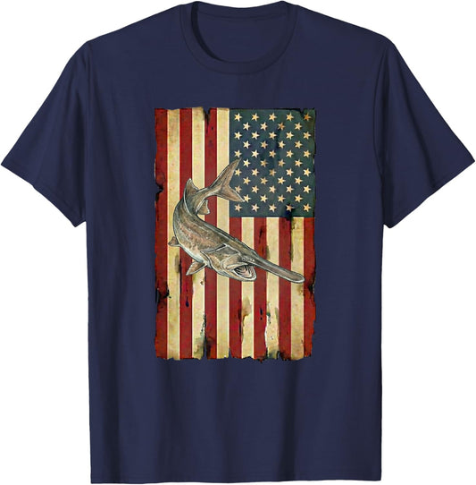 Paddlefish American Flag Patriotic Fishing USA Angler T-Shirt - T-Shirt | Navy