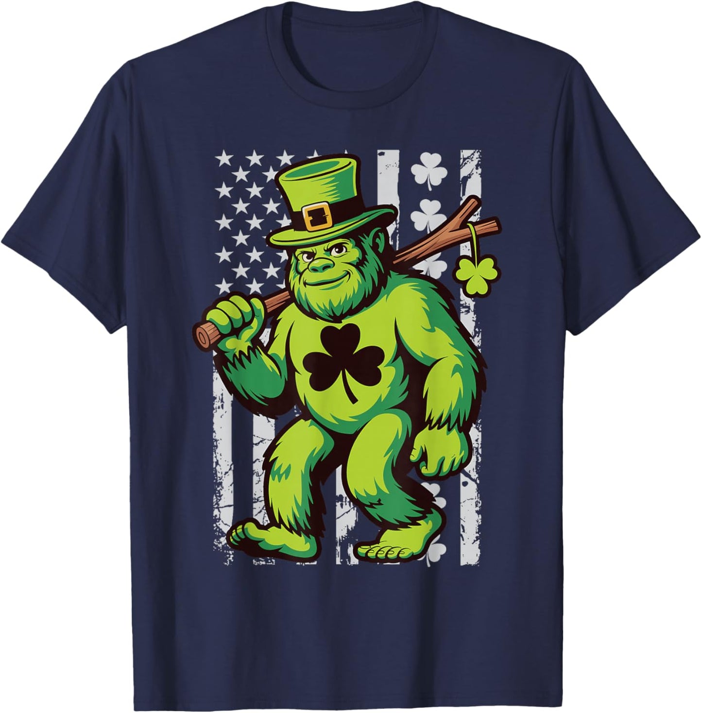 St Patricks Day Bigfoot American Flag USA Shamrocks Vintage T-Shirt - T-Shirt | Navy