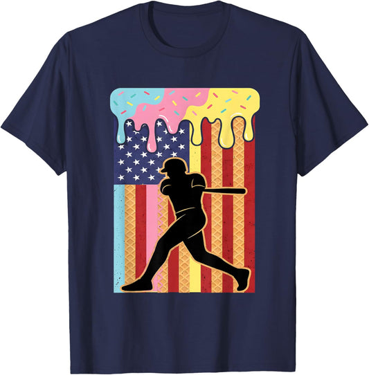 Retro Baseball Drip Boys Ice Cream Patriotic American Flag T-Shirt - T-Shirt | Navy