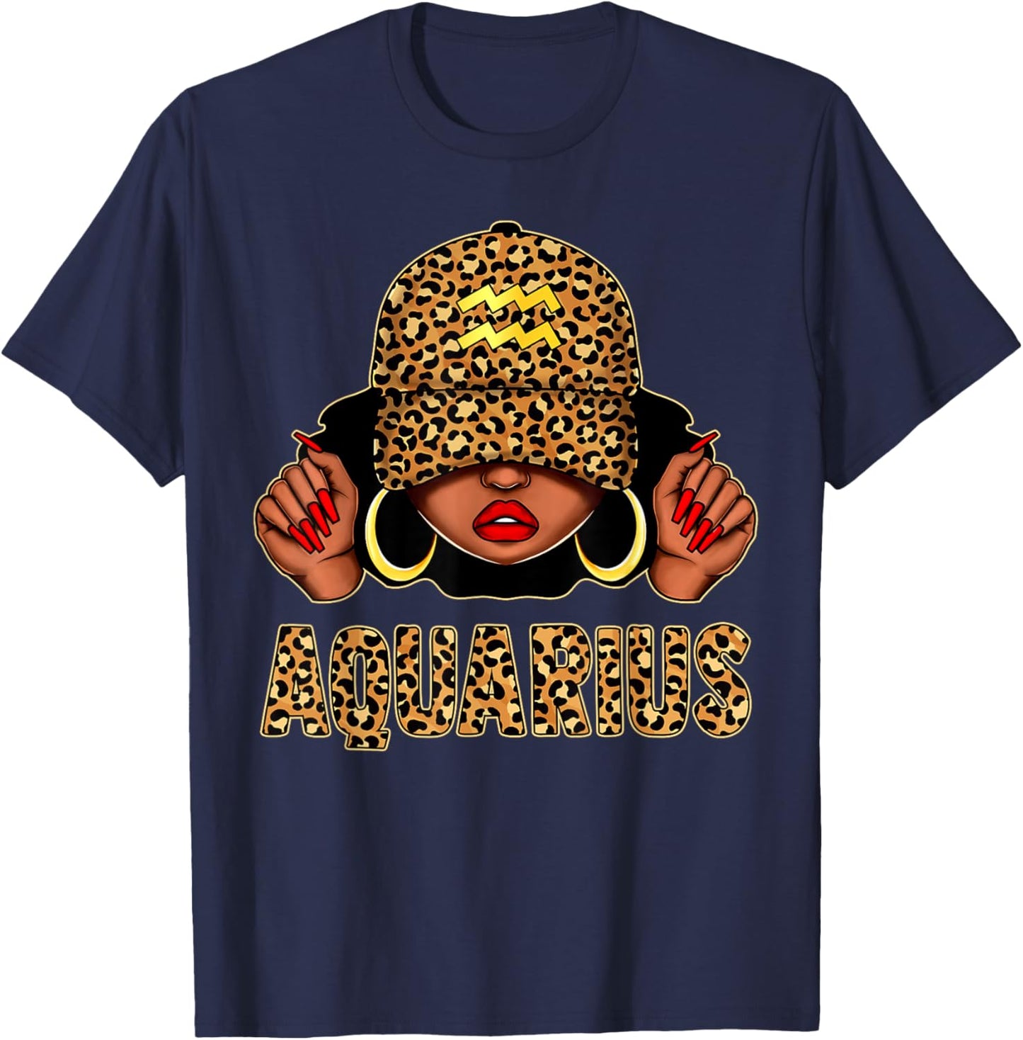 Aquarius Black Woman Leopard Cap Hat Zodiac Sign Birthday T-Shirt - T-Shirt | Navy