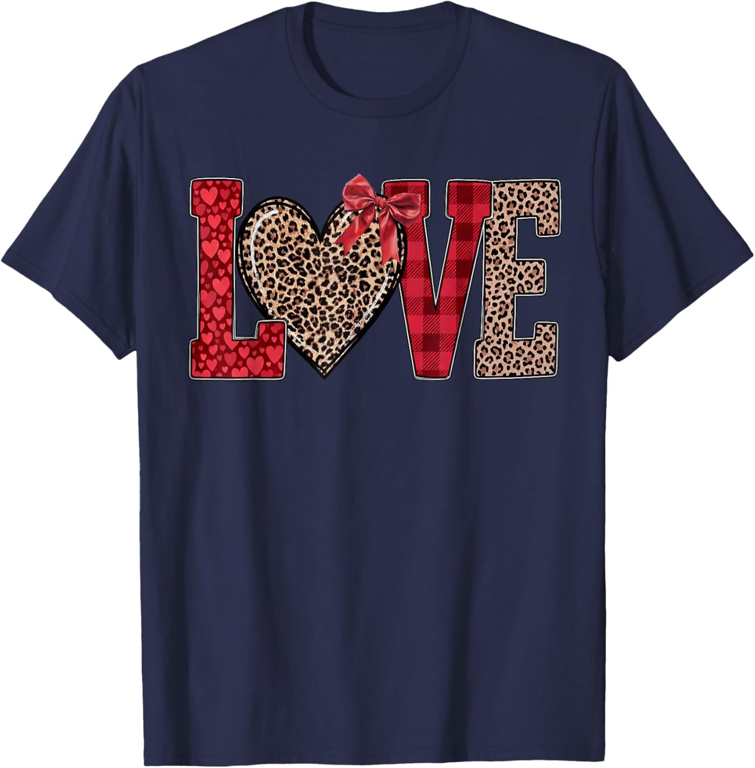 Valentines Day Hearts Leopard Coquette Bow Women Girls Boys T-Shirt - T-Shirt | Navy