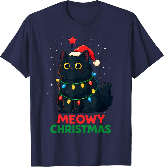 Black Cat Christmas Tree Lights Shirt, Cat Meowy Christmas T-Shirt - T-Shirt | Navy