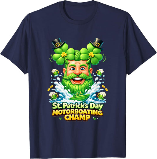 St Patricks Day Motorboating Champ Leprechaun Beer Boat Lake T-Shirt - T-Shirt | Navy