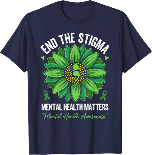 End The Stigma Green Flower Mental Health Matters Awareness T-Shirt - T-Shirt | Navy