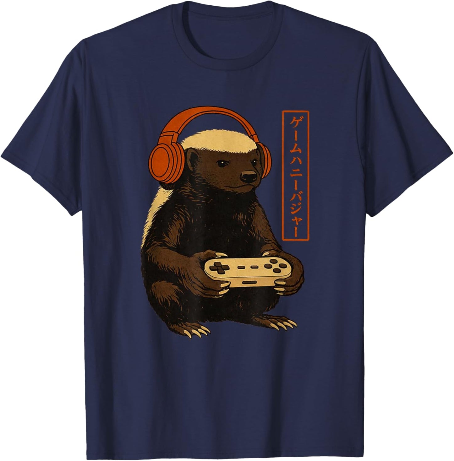 Japanese Gamer Honey Badger Art Men Women Boys Funny Vintage T-Shirt - T-Shirt | Navy