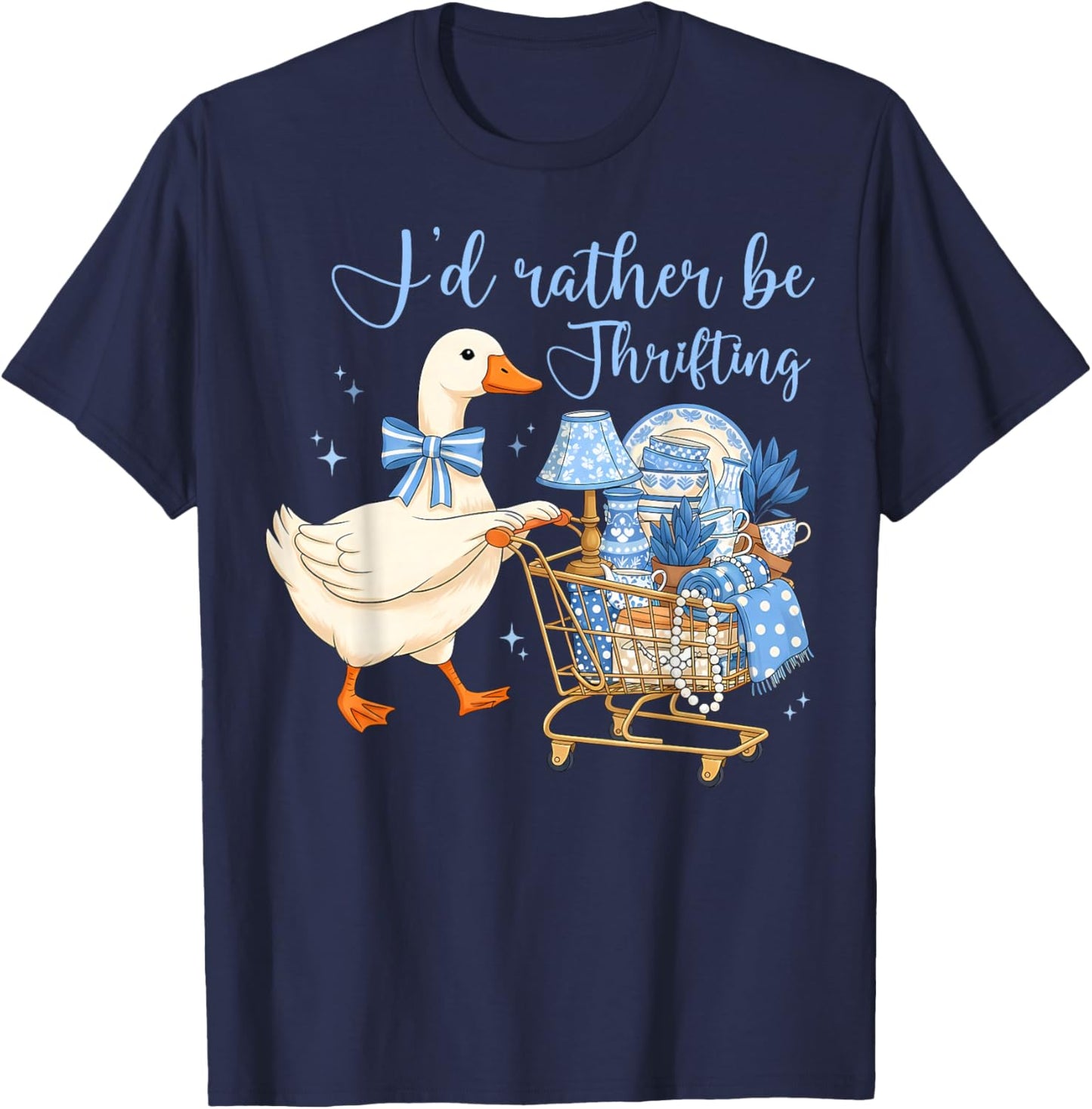 Funny I’d Rather Be Thrifting Cute Silly Goose Duck Coquette T-Shirt - T-Shirt | Navy