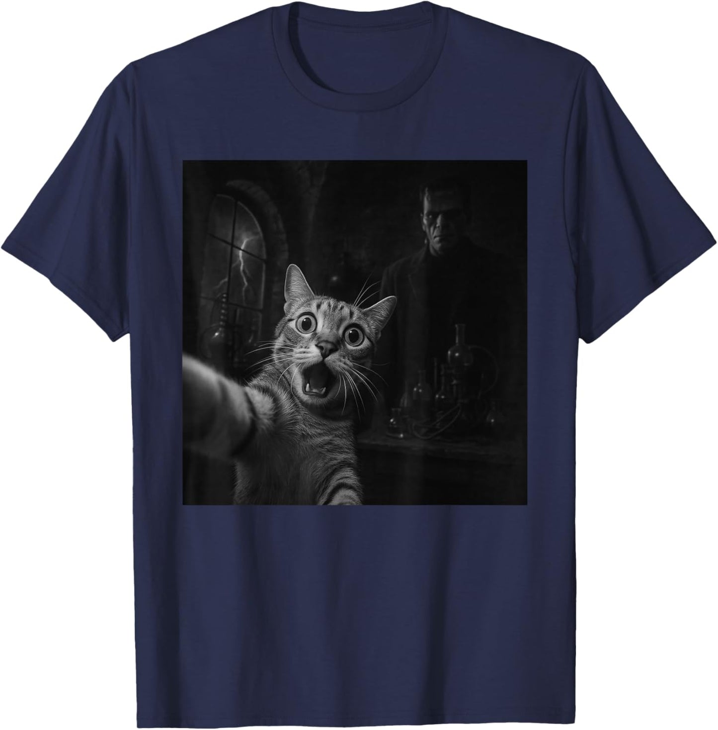Funny Halloween Surprised Scared Cat Selfie Frankenstein T-Shirt - T-Shirt | Navy