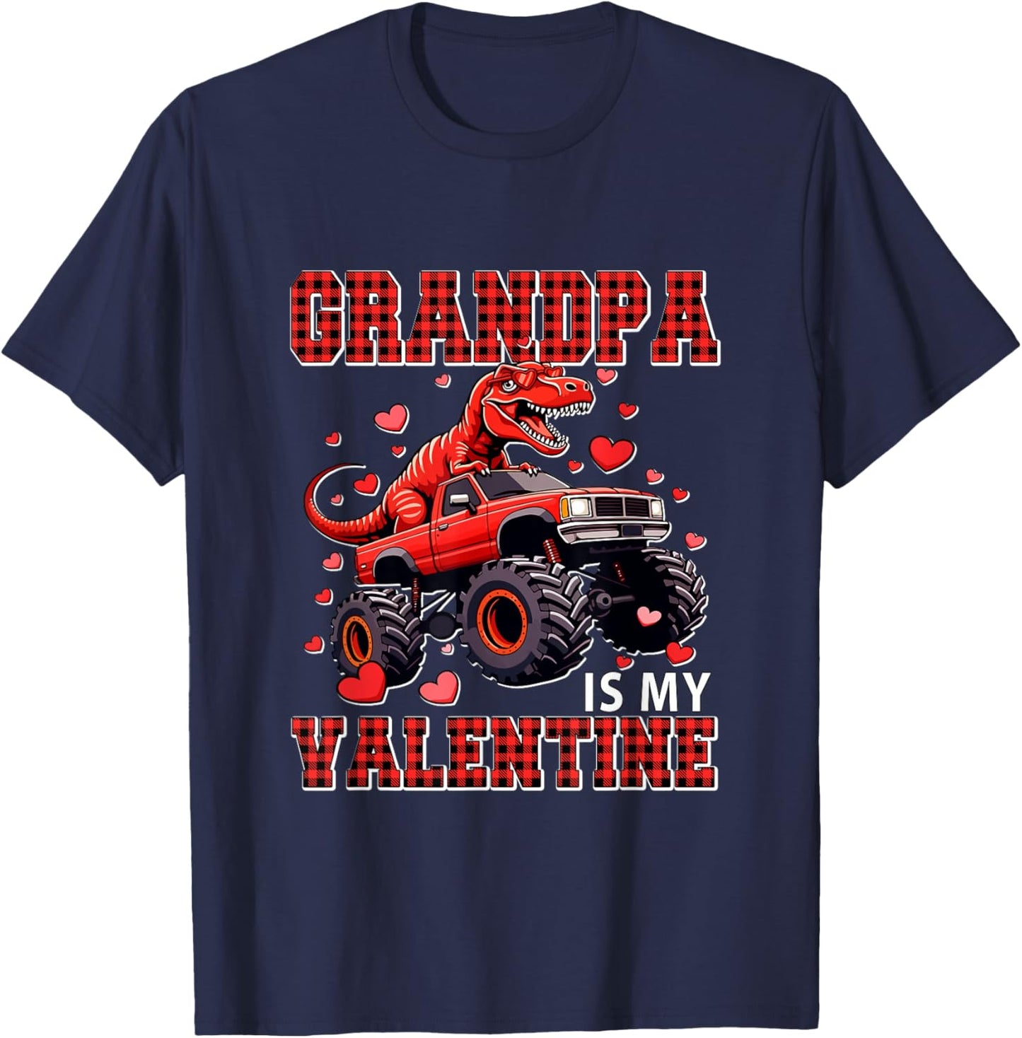 Grandpa is My Valentine T-Rex Sunglasses On Monster Truck T-Shirt - T-Shirt | Navy