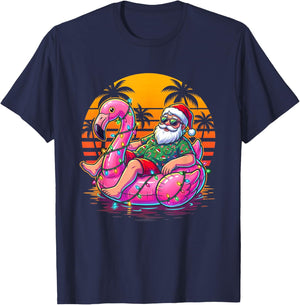 Christmas in July Santa Flamingo Float Summer Beach Xmas T-Shirt - T-Shirt | Navy
