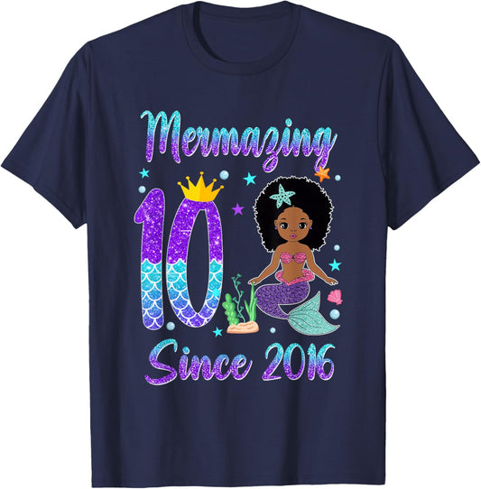 Awesome Since 2016 10 Year Old Black Mermaid Birthday T-Shirt - T-Shirt | Navy
