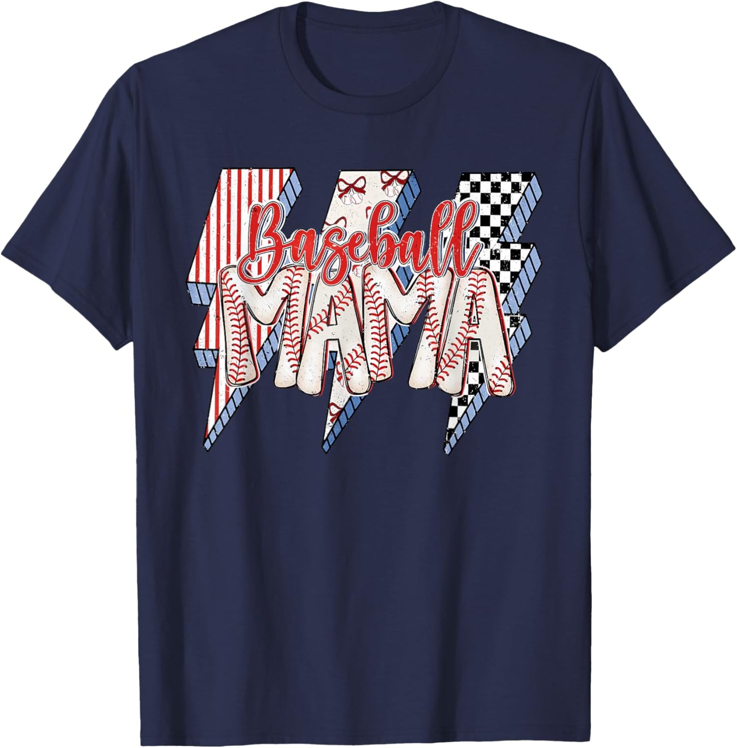 Checkered Bow Coquette Baseball Mama Game Day School Team T-Shirt - T-Shirt | Navy