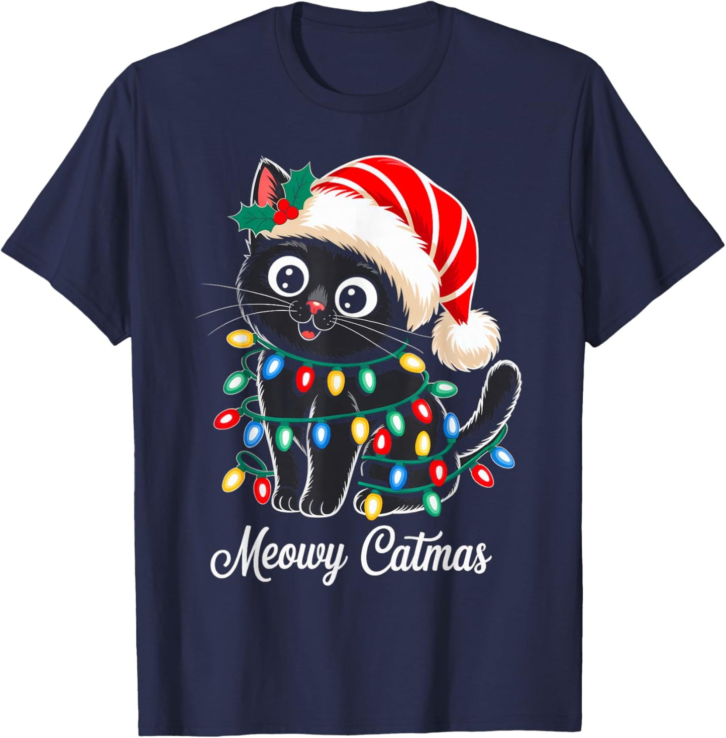 Cute Black Cat Christmas Lights Santa Hat Xmas Meowy Catmas T-Shirt - T-Shirt | Navy