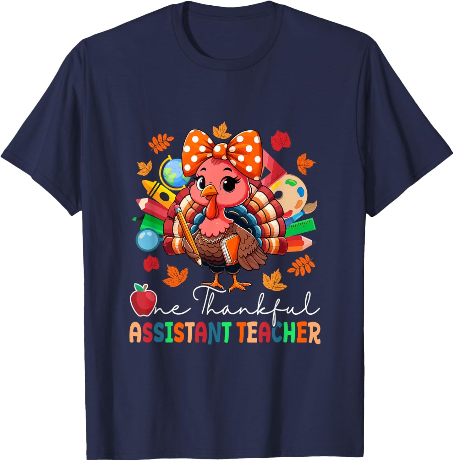 One Thankful Assistant Teacher Thanksgiving Turkey Bow Tie T-Shirt - T-Shirt | Navy