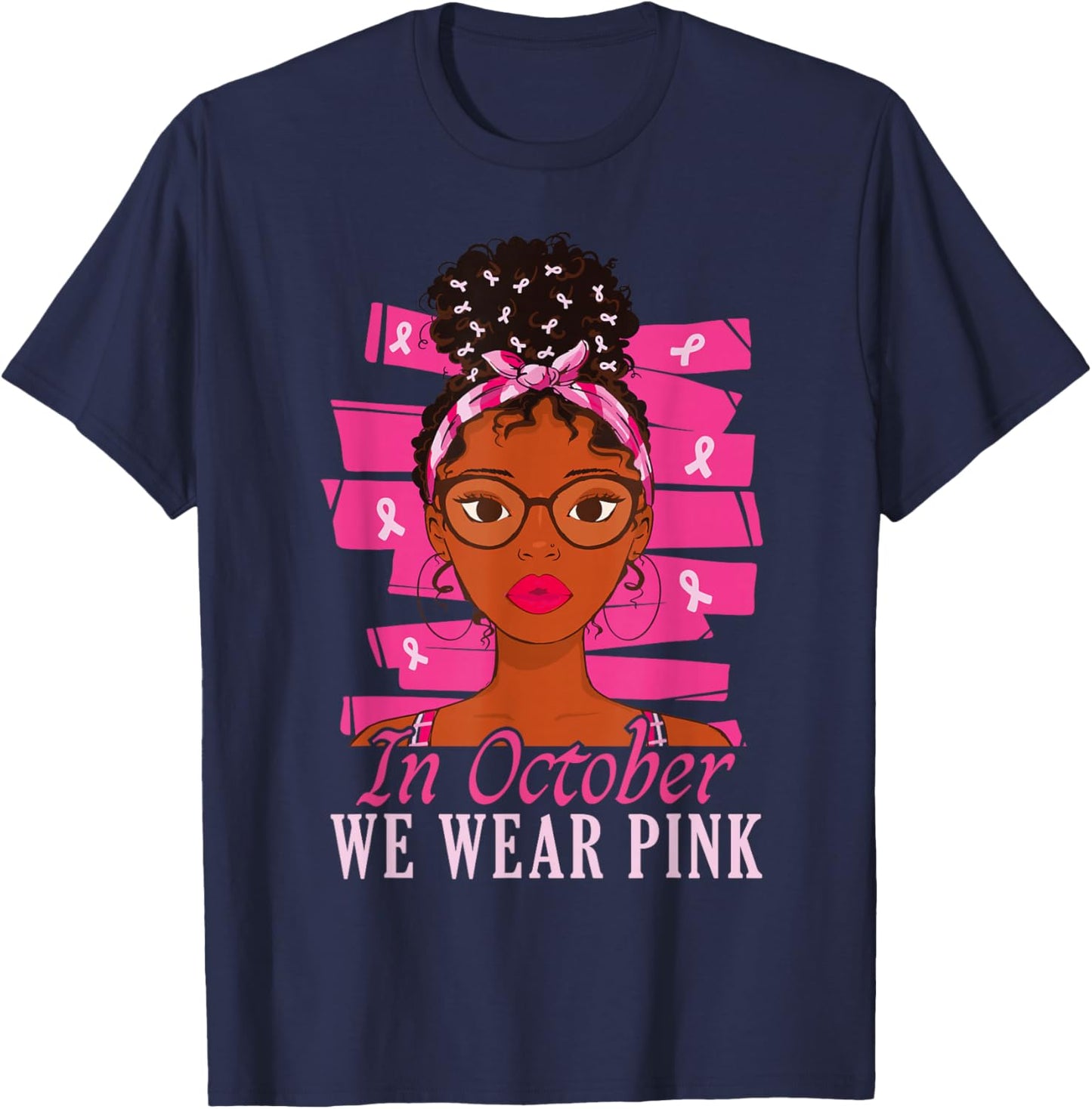 in October We Wear Pink Black Women Breast Cancer Awareness T-Shirt - T-Shirt | Navy