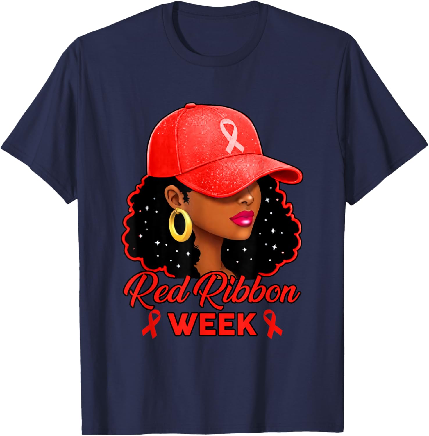 Red Ribbon Week Awareness Afro American Black Girl Women Cap T-Shirt - T-Shirt | Navy