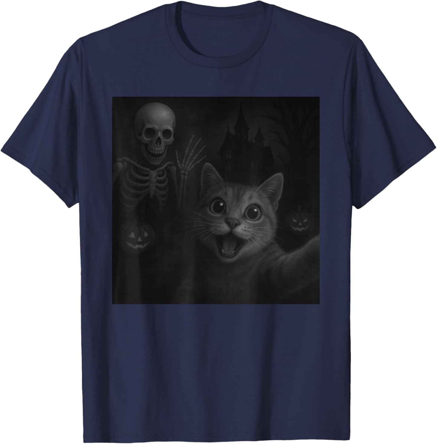 Cat Selfie with Skeleton Halloween Funny T-Shirt - T-Shirt | Navy